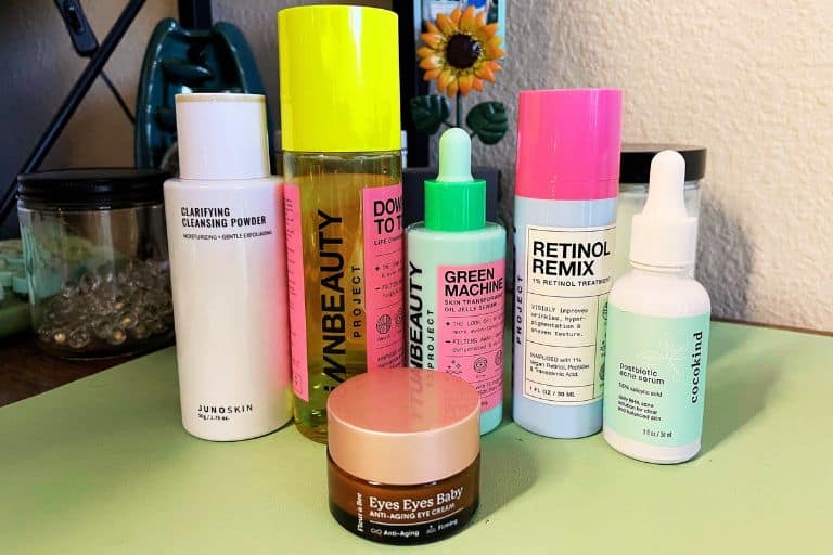 Various bottles and serums for a non-toxic skincare routine