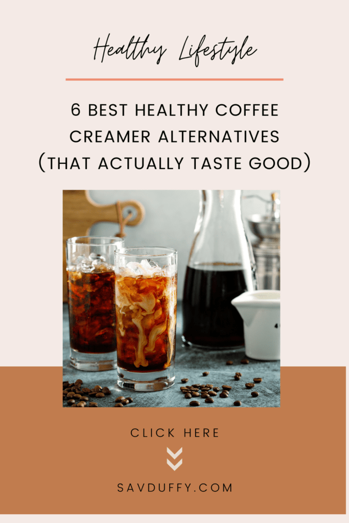 Pin images for the best healthy coffee creamer alternatives, featuring an image of black iced coffee with creamer swirling around in it