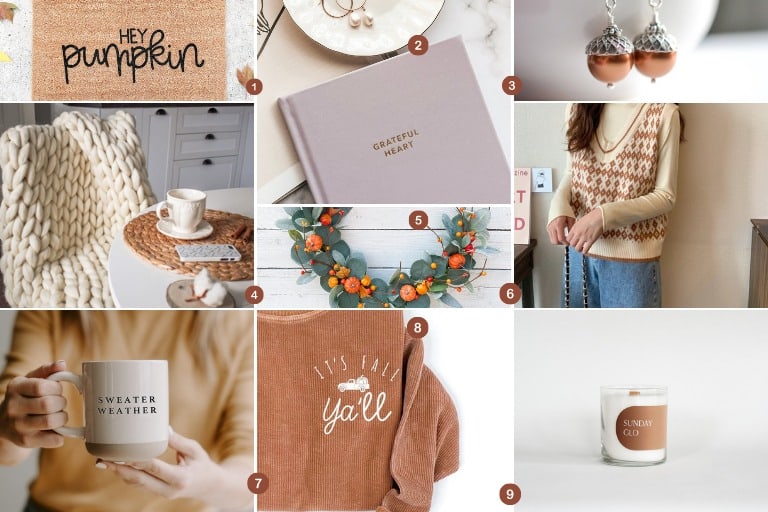Collage of cozy fall items including a sweater, a gratitude journal, and a coffee mug