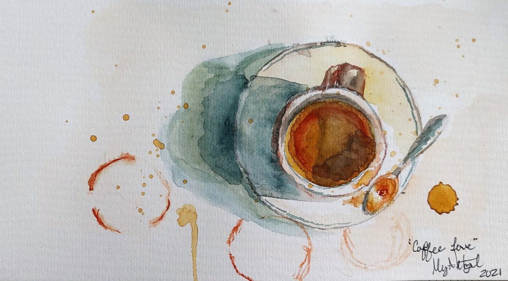 Watercolor painting of coffee in a coffee cup with a saucer and coffee stains