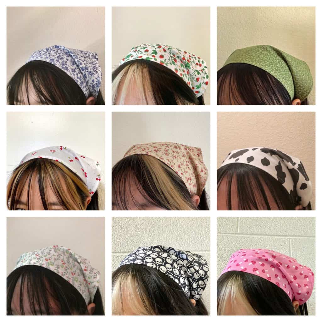 Nine different images of handmade bandanas on the top of a woman's head