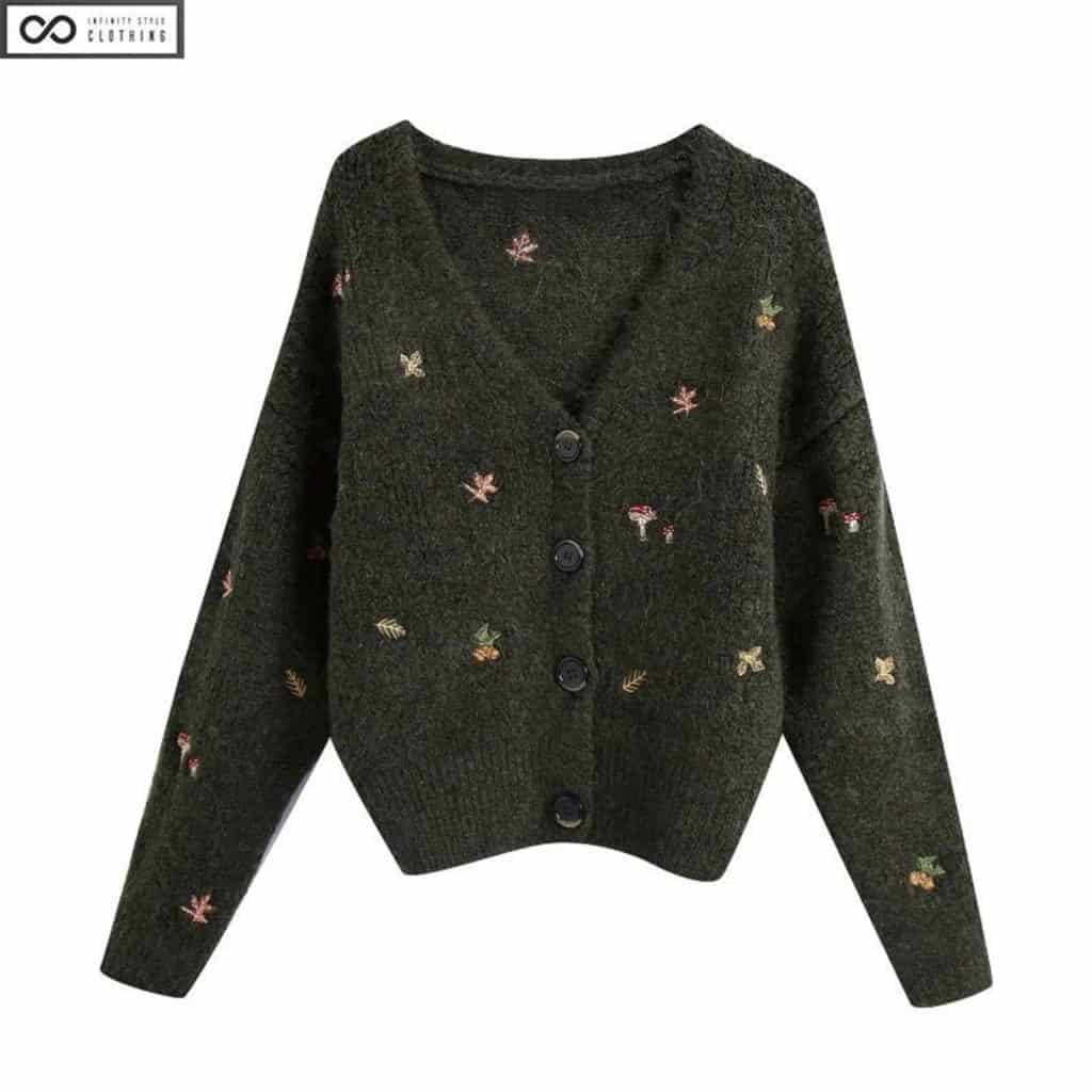 Dark green cardigan embroidered with tree and mushroom patches