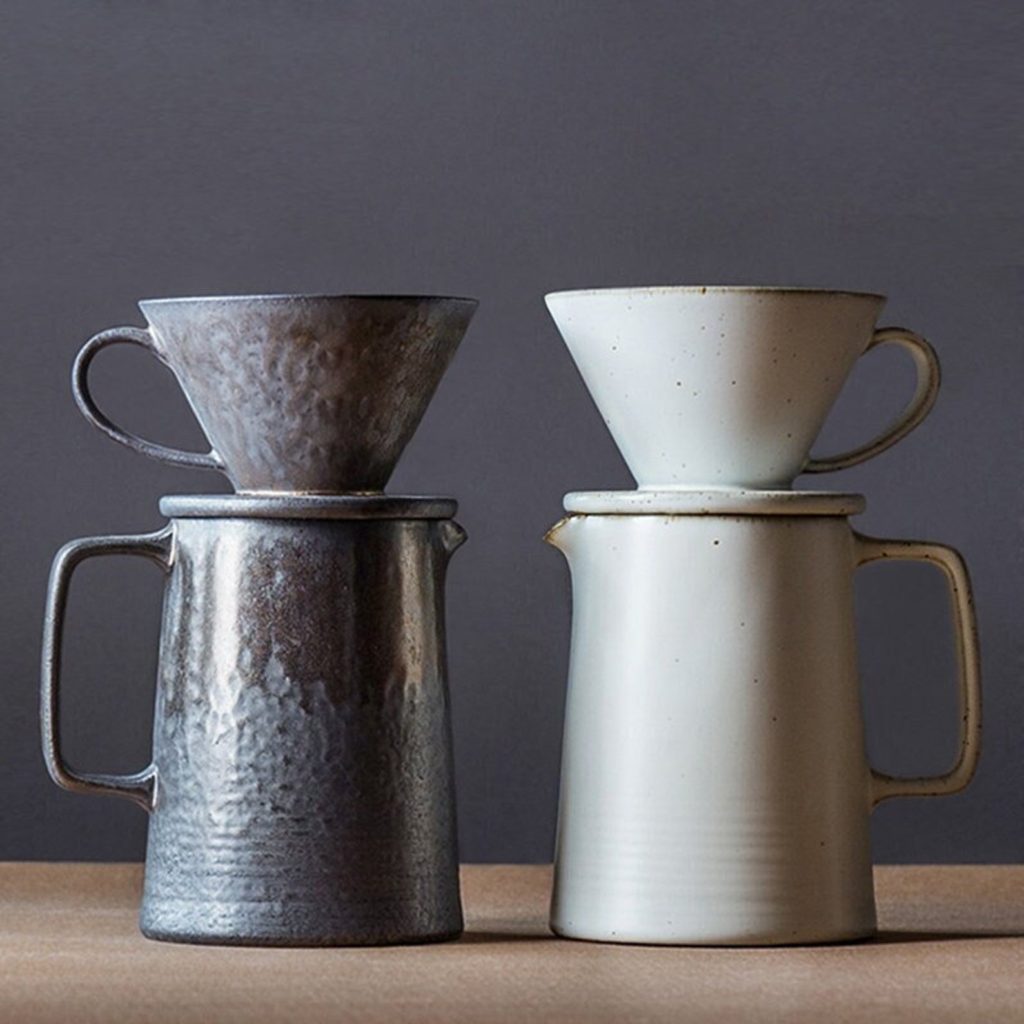 Two ceramic coffee drip sets, one in gray and one in white