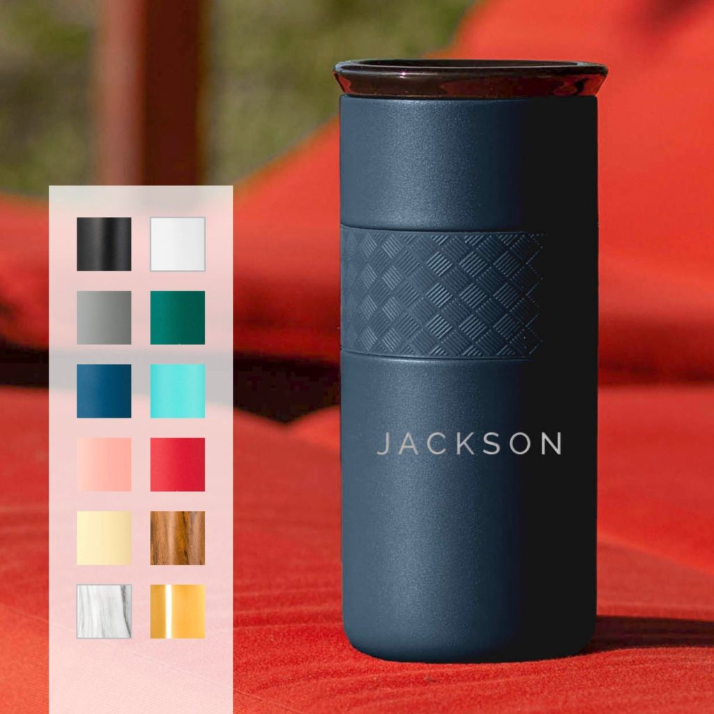 Personalized black coffee tumbler mug with the name "Jackson" etched in