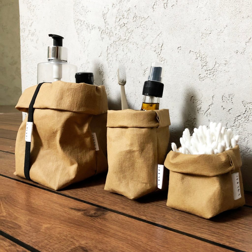 Three washable paper storage bags in various sizes