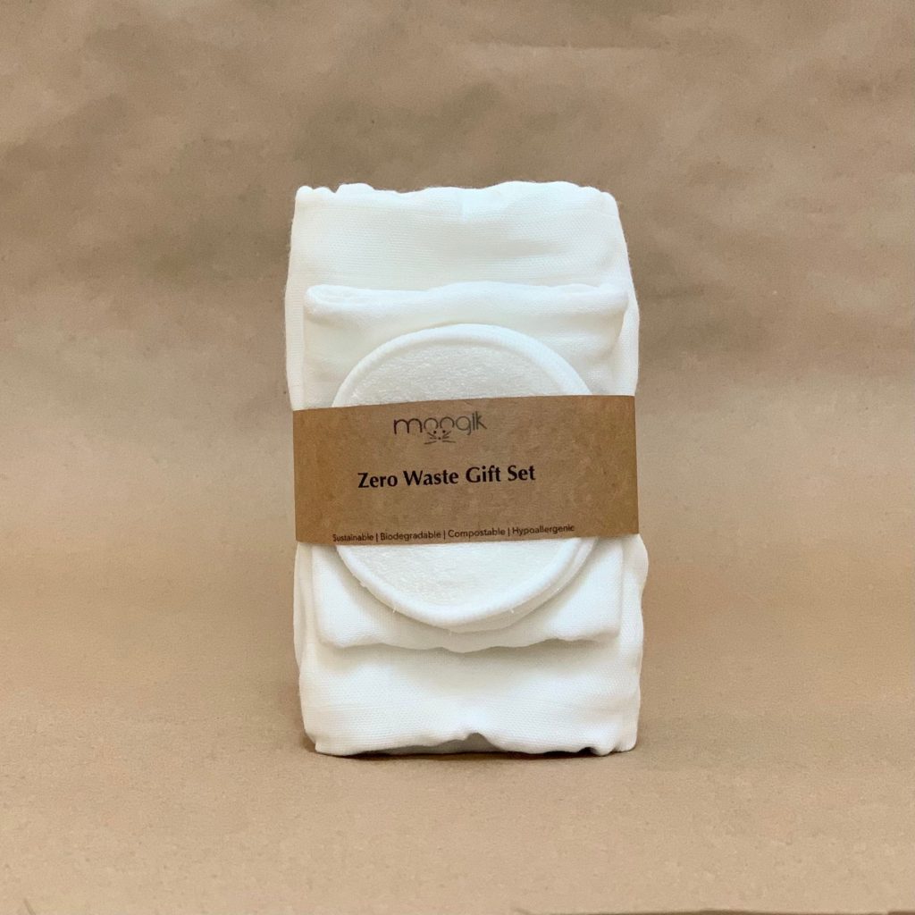 Zero waste package of makeup remover, bamboo hand towel and bamboo washcloth