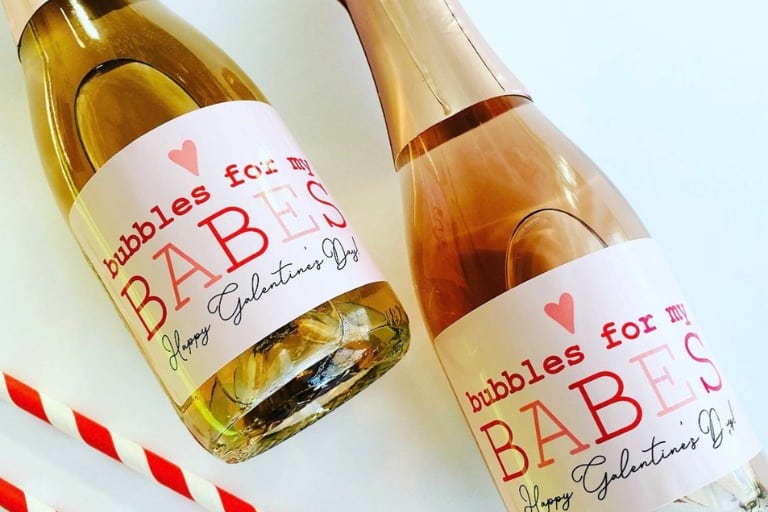 Mini champagne bottles with labels reading "Bubbles for my babes, Happy Galentine's Day"