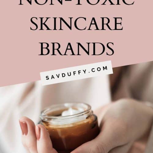 Pinterest pin showing a woman's hand holding a jar of skincare product that reads "affordable, non-toxic skincare brands"